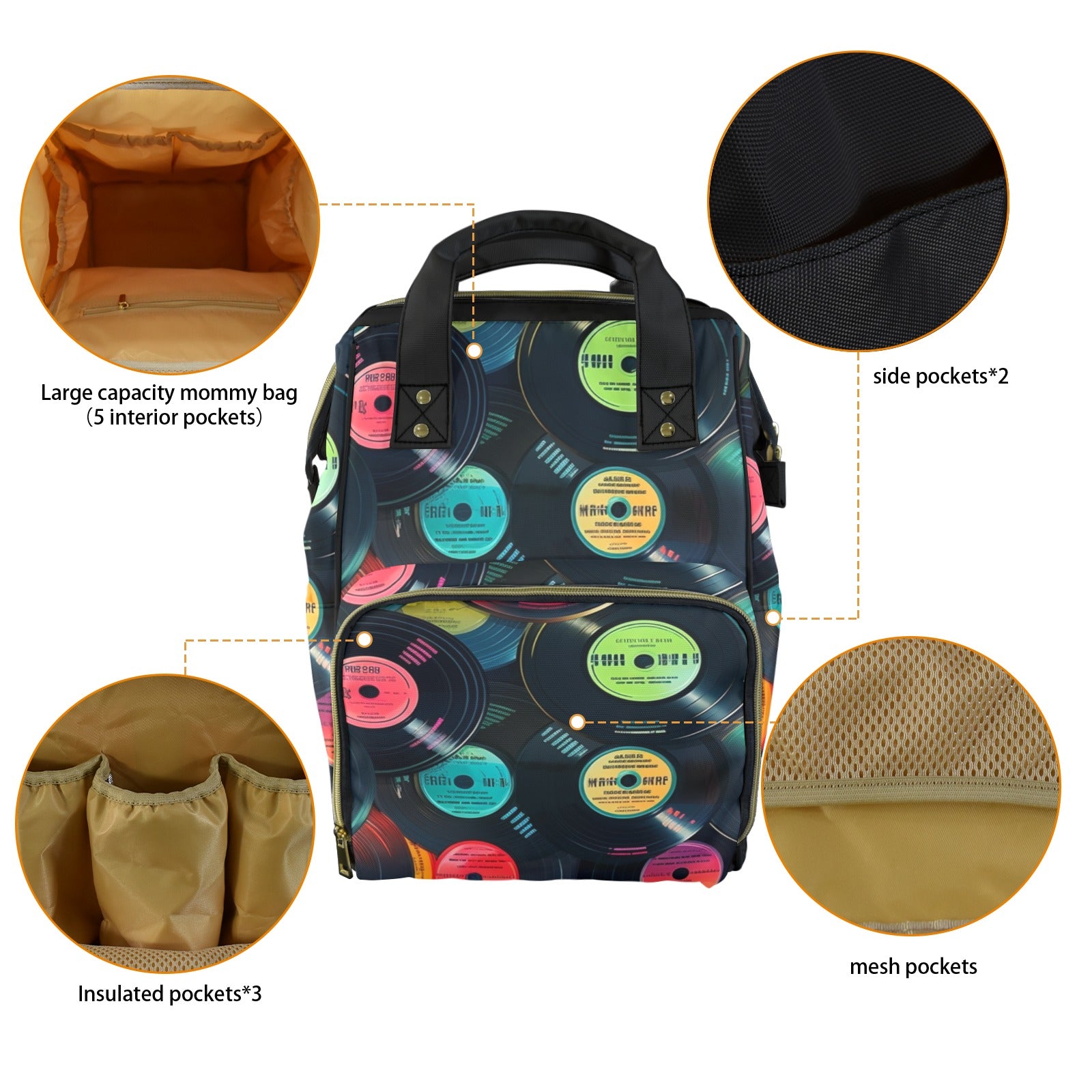 Retro Vinyl Records - Multi-Function Backpack, Nappy / Diaper Bag