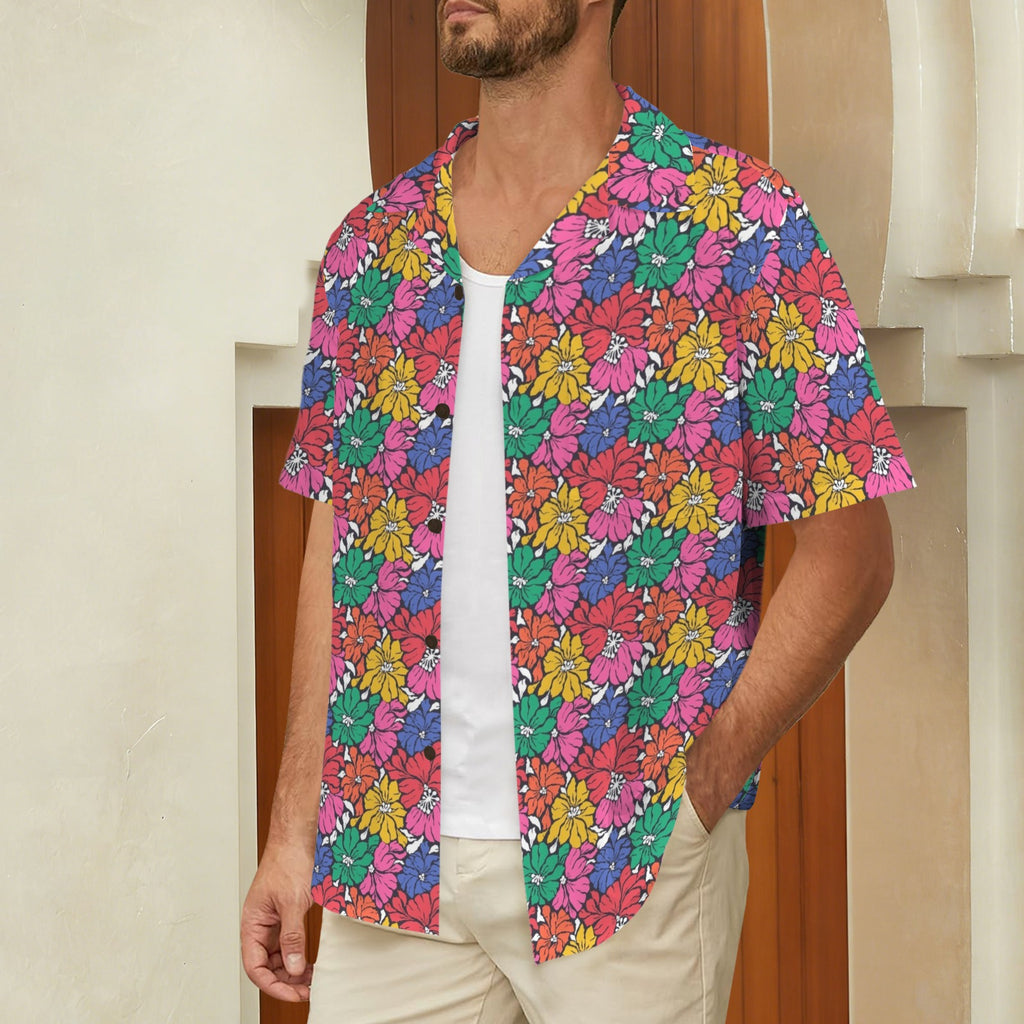 Bright And Bold Flowers Men's Short Sleeve Hawaiian Shirt Men's Hawaiian Shirt (New) Plants Printed Offshore
