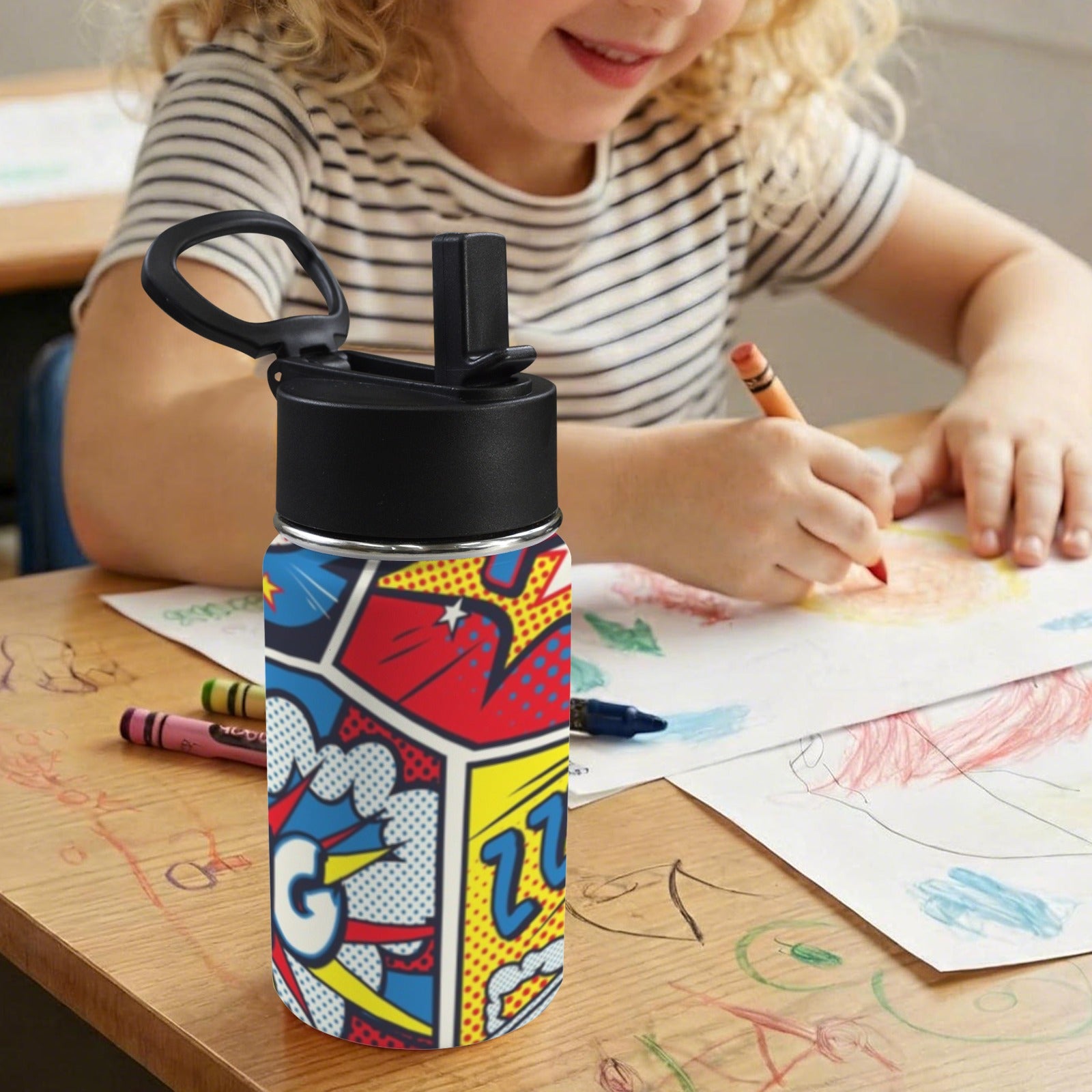 Comic Book 12oz Kids Water Bottle with Straw Lid