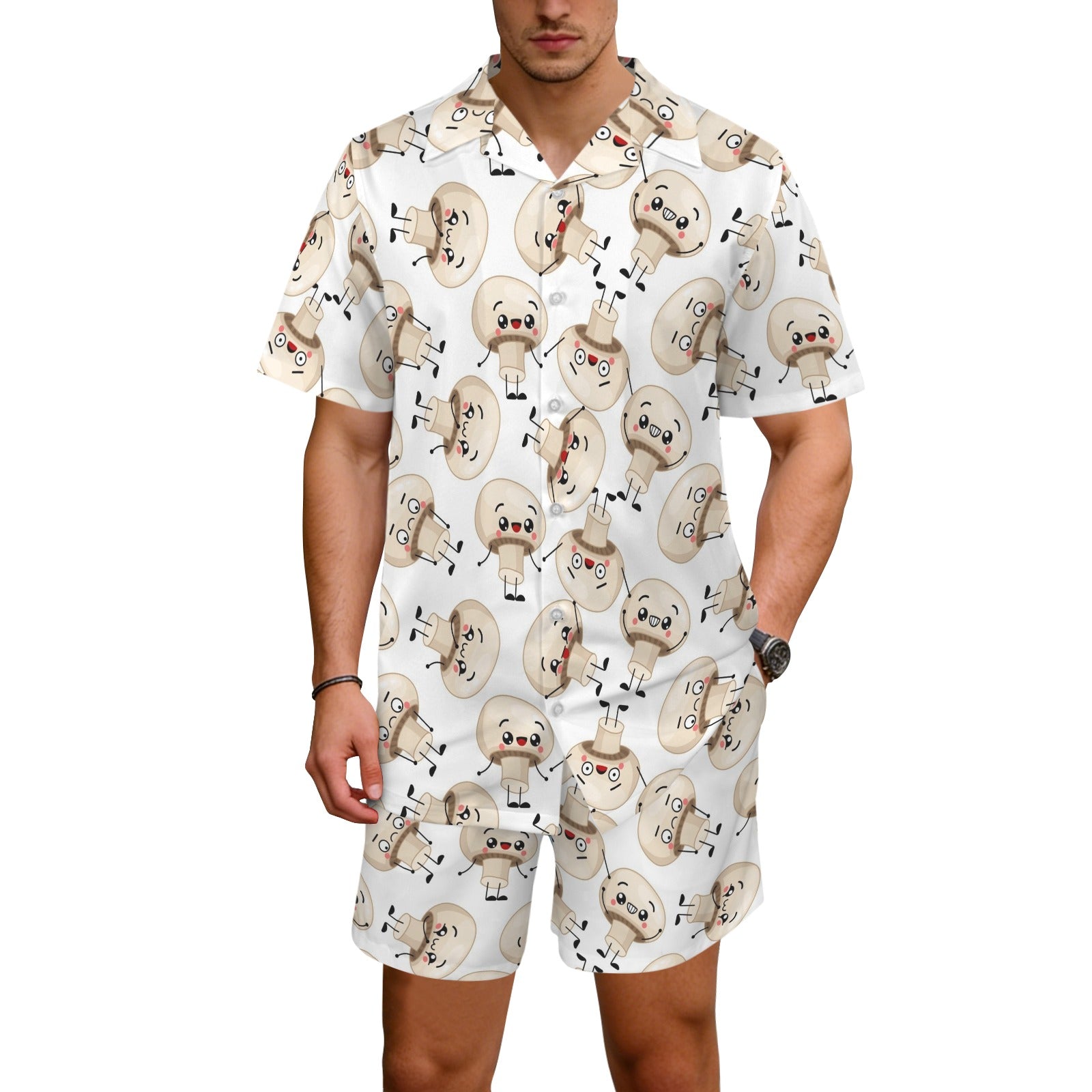 Cute Mushrooms Men's Hawaiian Shirt & Shorts Set Men's Hawaiian Shirt & Shorts Set Food Printed Offshore