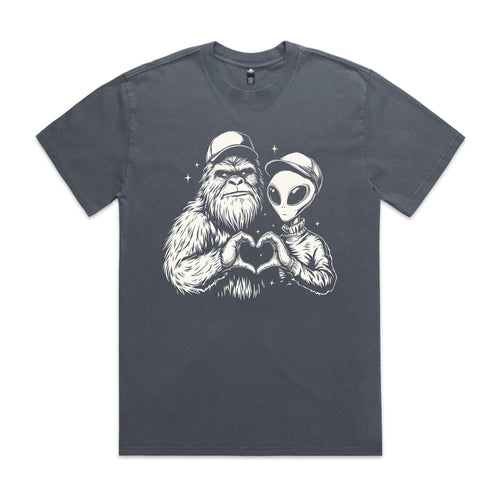 Alien And Bigfoot Heart Hands AS Colour Heavy Faded Tee Unisex Faded indigo Heavy Faded T-shirt Printed In Australia Sci Fi