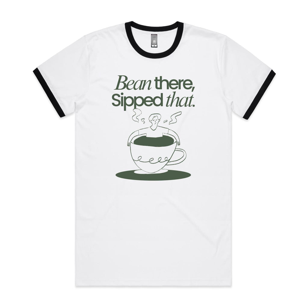 Bean There, Sipped That, Coffee - Staple Ringer Tee White Black Ringer T-Shirt Coffee Printed In Australia