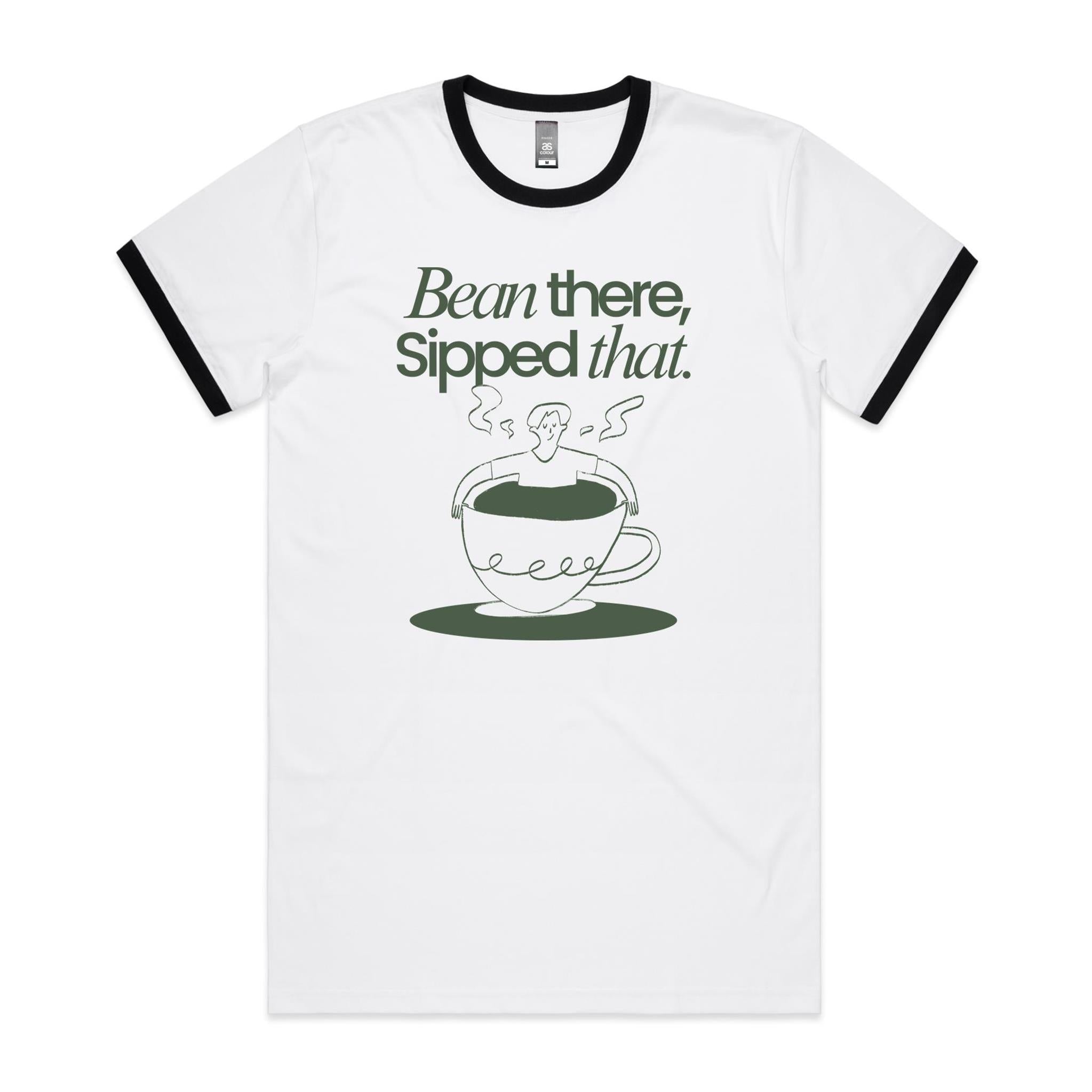 Bean There, Sipped That, Coffee - Staple Ringer Tee White Black Ringer T-Shirt Coffee Printed In Australia