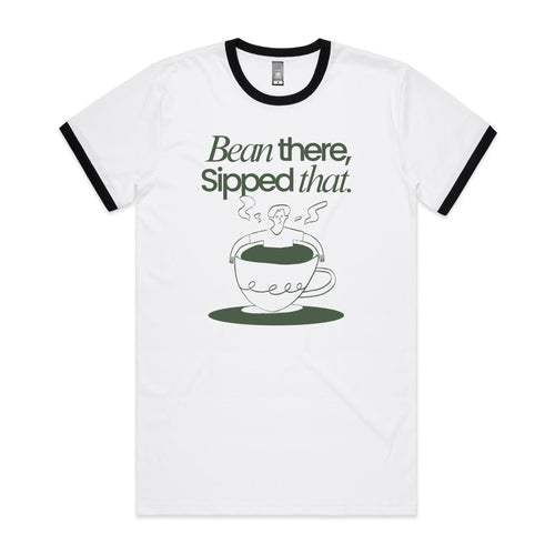 Bean There, Sipped That, Coffee - Staple Ringer Tee White Black Ringer T-Shirt Coffee Printed In Australia