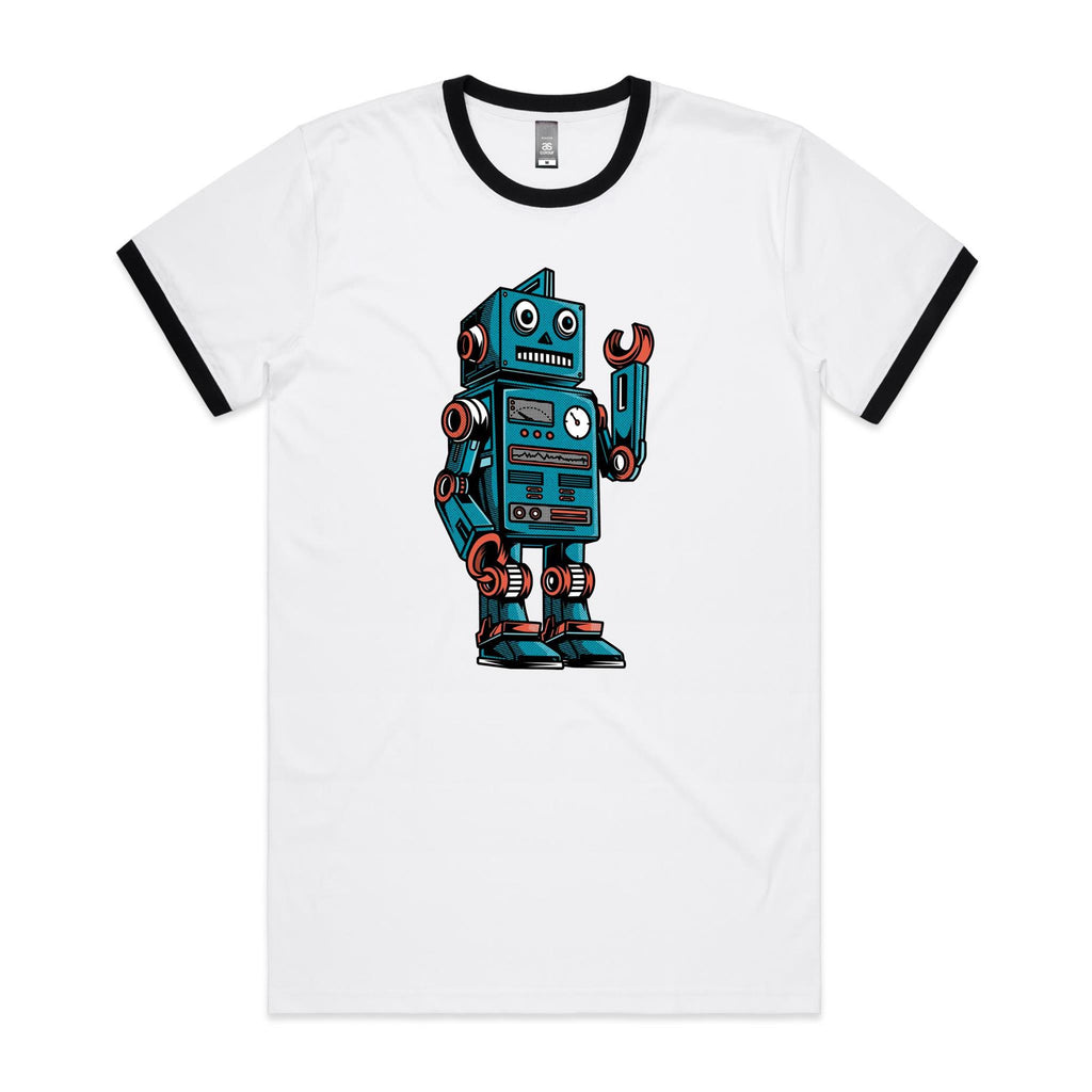 Robot - Staple Ringer Tee White Black Ringer T-Shirt Printed In Australia Sci Fi Tech