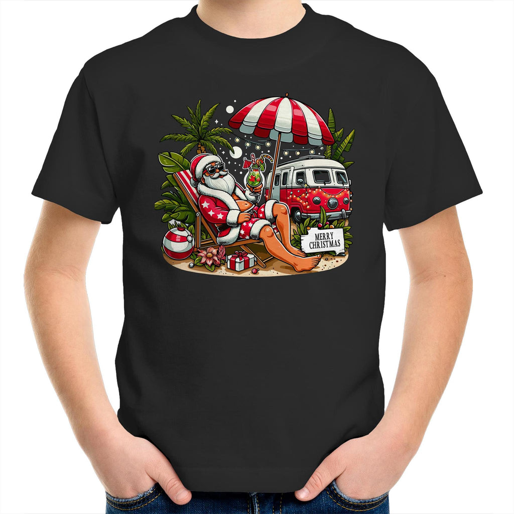 Santa By The Beach- Kids Youth T-shirt Black Kids Christmas T-shirt Christmas Printed In Australia