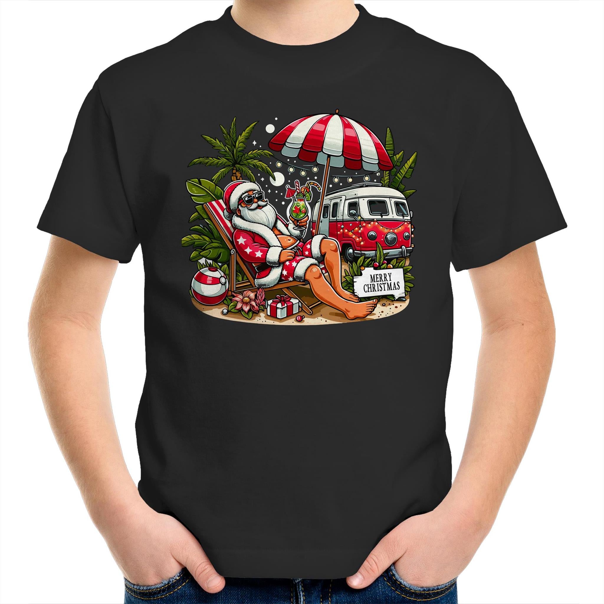 Santa By The Beach- Kids Youth T-shirt Black Kids Christmas T-shirt Christmas Printed In Australia