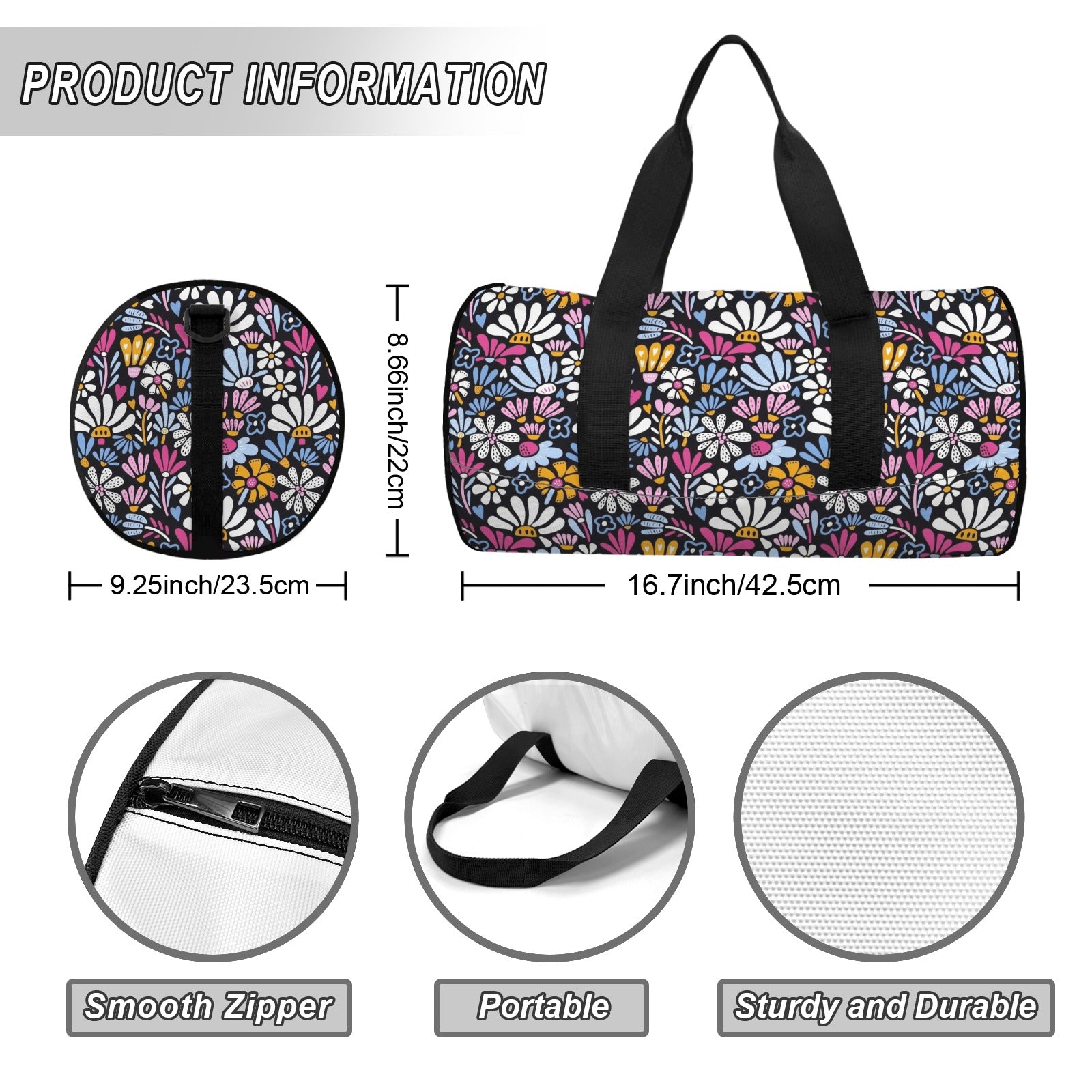 Graphic Flowers On Black Duffle Bag Duffle Bag Printed Offshore