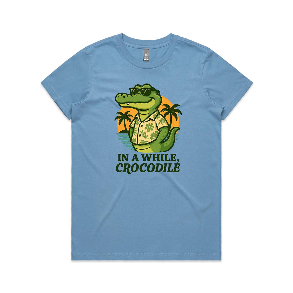 In A While, Crocodile Women's AS Colour T-shirt Carolina Blue Womens T-shirt animal Printed In Australia