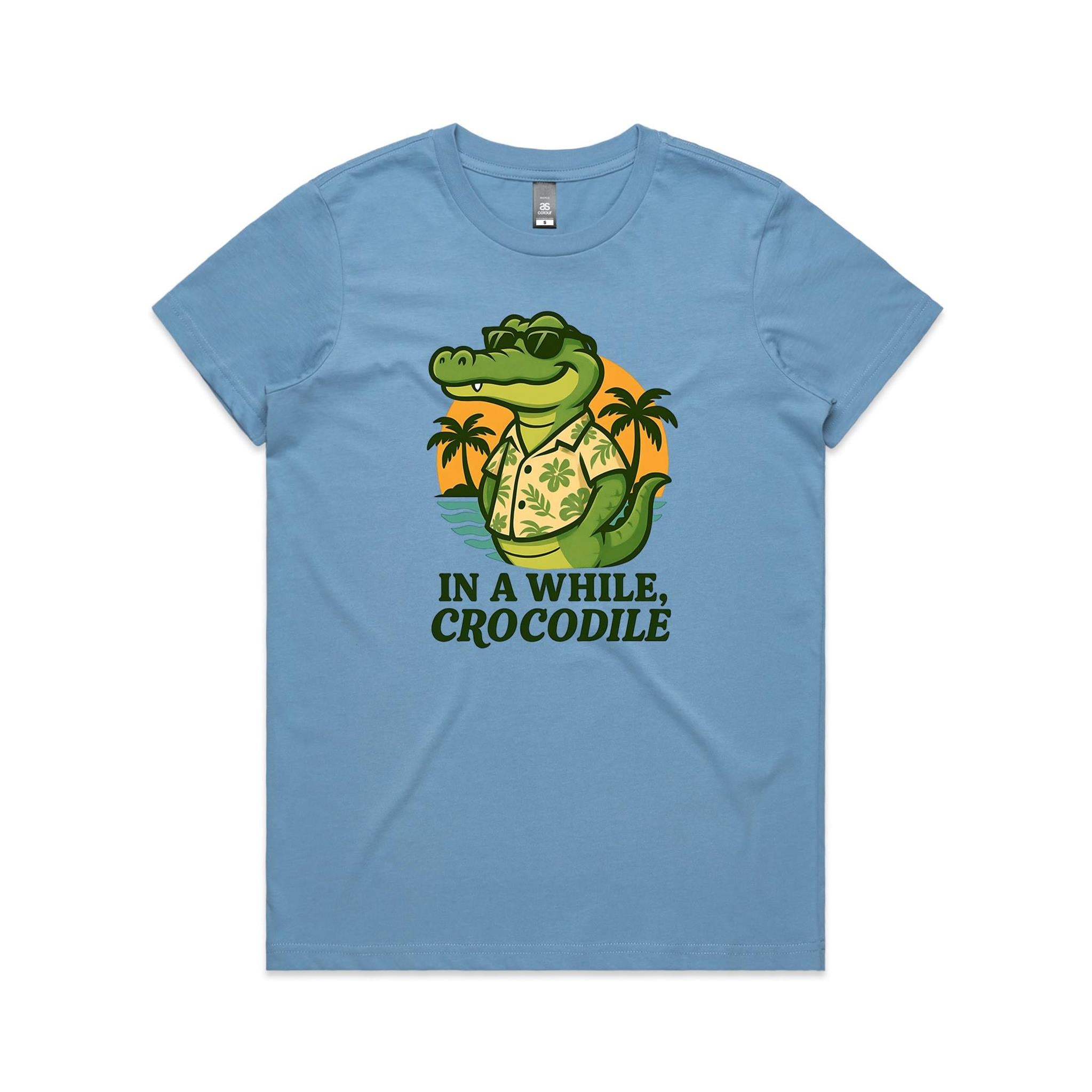 In A While, Crocodile Women's AS Colour T-shirt Carolina Blue Womens T-shirt animal Printed In Australia