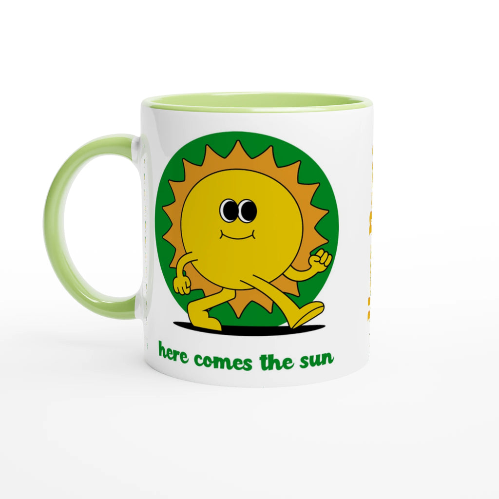 Personalised - Here Comes The Sun - White 11oz Ceramic Mug with Colour Inside Ceramic Green Personalised 11oz Mug customise Globally Fulfilled personalise Retro Summer