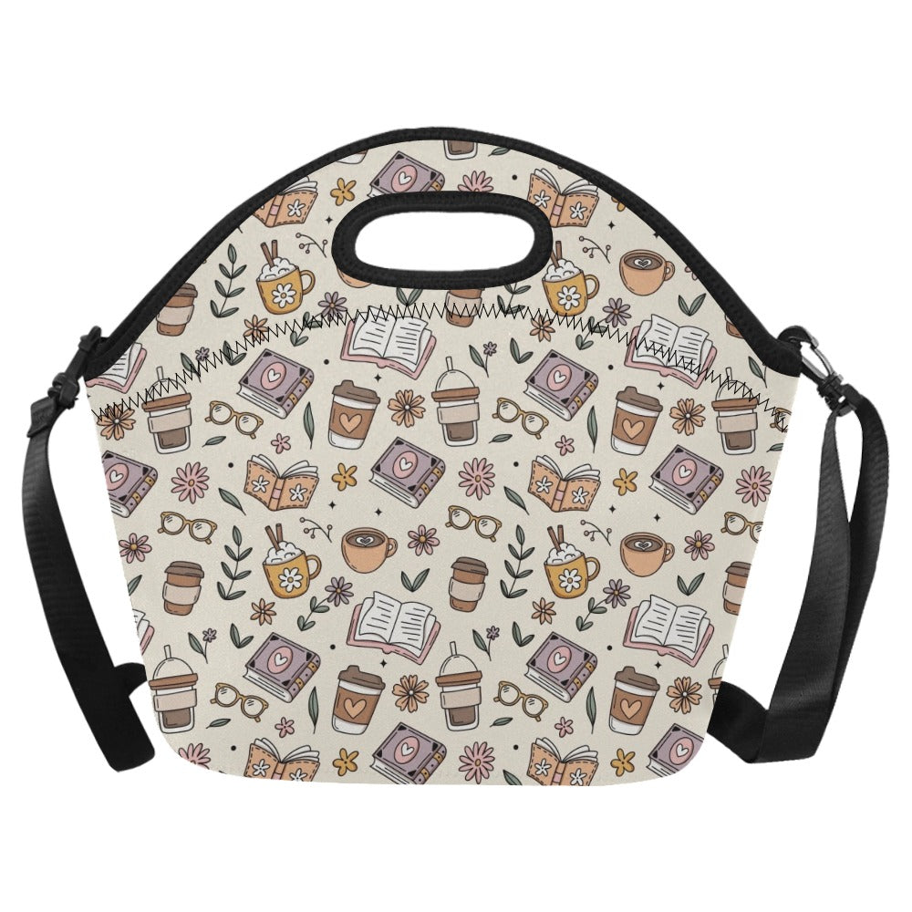 Books And Coffee Neoprene Lunch Bag/Large (Model 1669) One Size Neoprene Lunch Bag Coffee Printed Offshore Reading