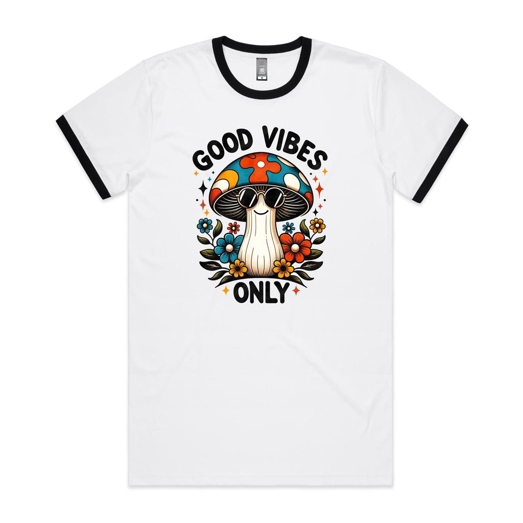 Good Vibes Only, Hippie Mushroom With Sunglasses - Staple Ringer Tee