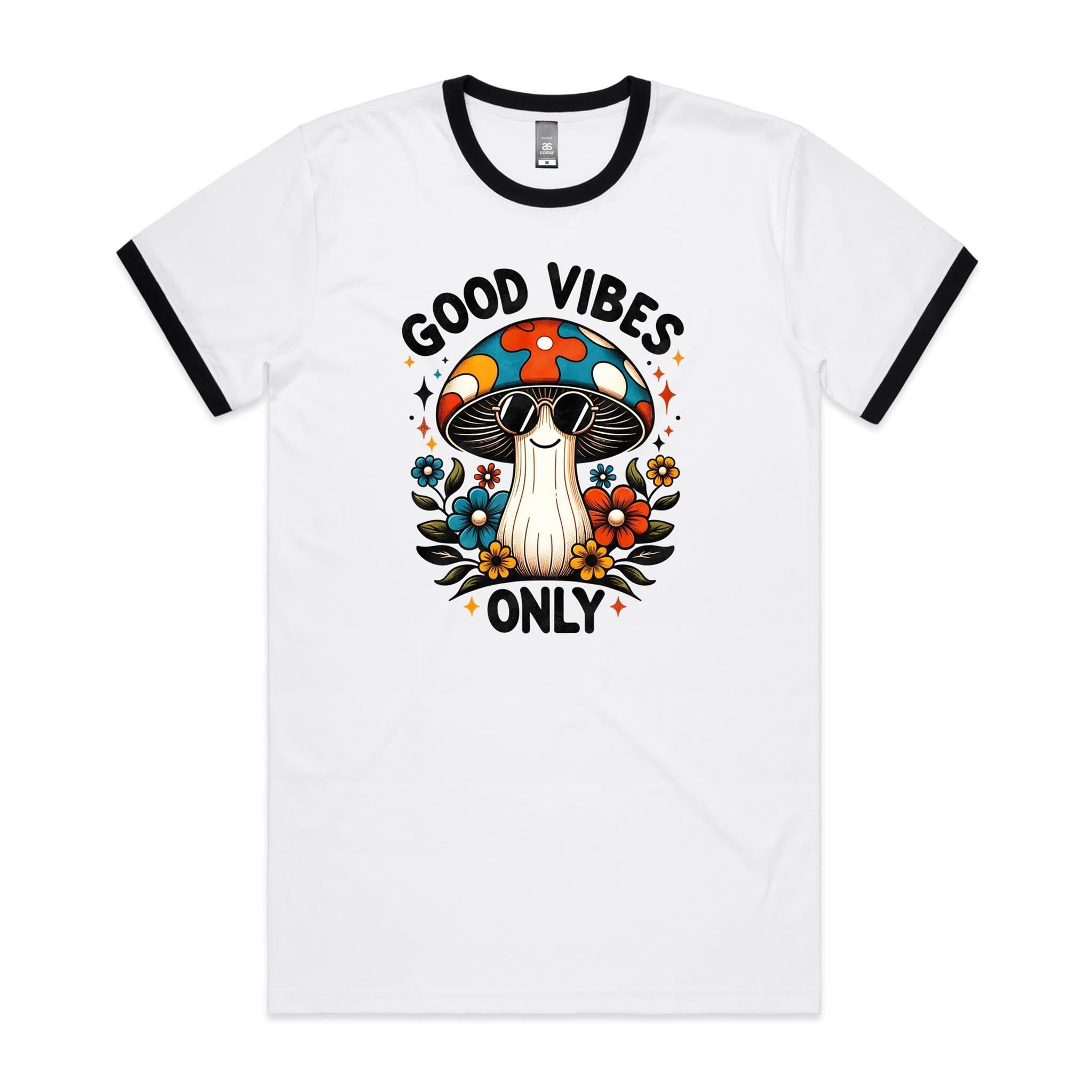Good Vibes Only, Hippie Mushroom With Sunglasses - Staple Ringer Tee