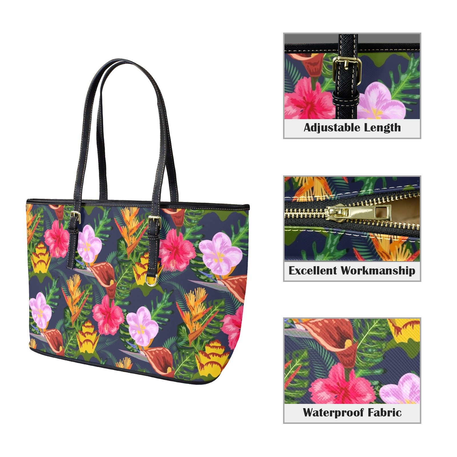 Tropical Floral PU Leather Tote Bag Large Leather Tote Bag-Large Plants Printed Offshore