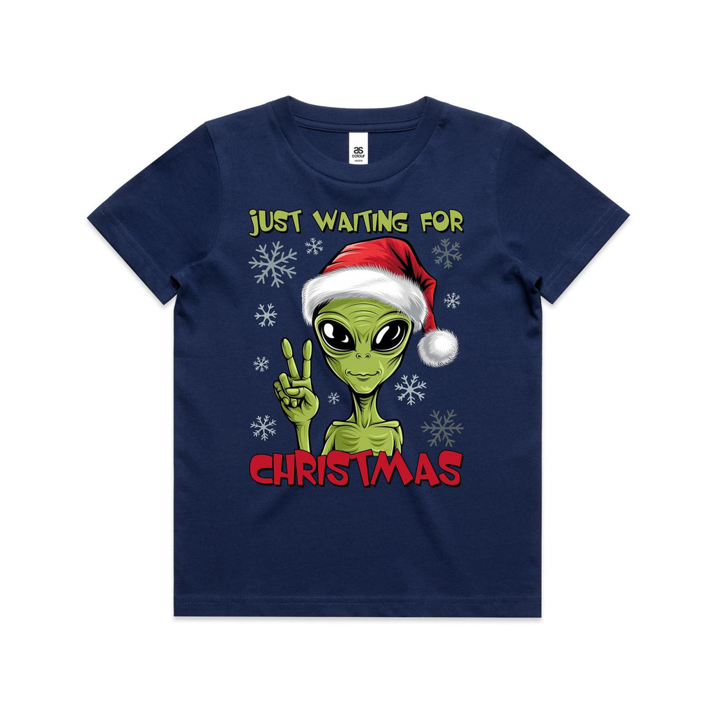 Just Waiting For Christmas, Alien - Kids Youth T-shirt Cobalt Kids Christmas T-shirt Christmas Printed In Australia
