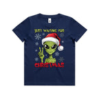 Just Waiting For Christmas, Alien - Kids Youth T-shirt Cobalt Kids Christmas T-shirt Christmas Printed In Australia