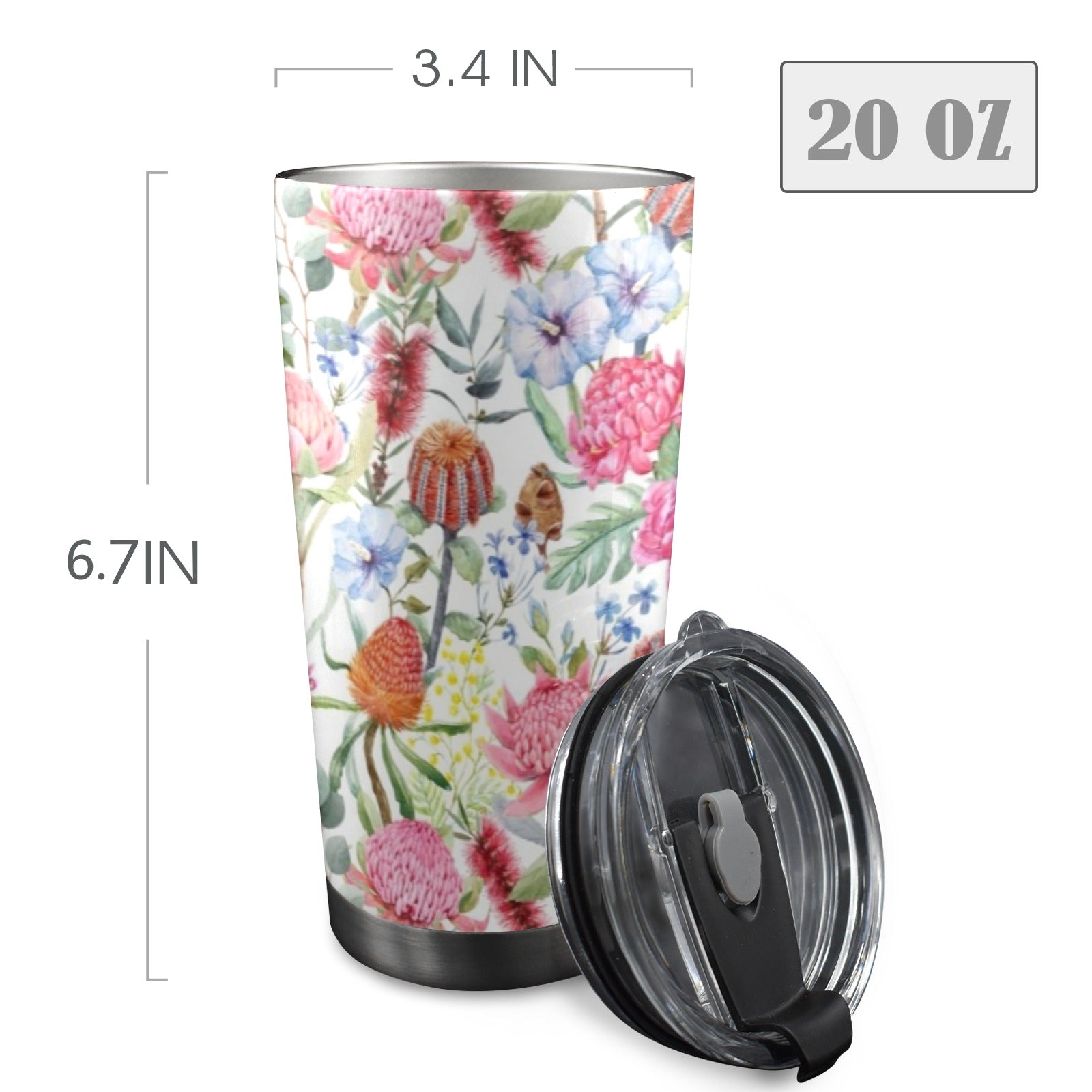 Australian Flowers - 20oz Mobile Tumbler with Lid (Black Lock) 20oz Travel Mug Plants Printed Offshore