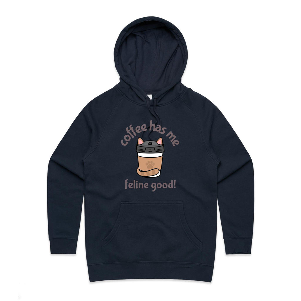 Coffee Has Me Feline Good - Womens Hoodie Navy Womens Hoodie animal Coffee Printed In Australia