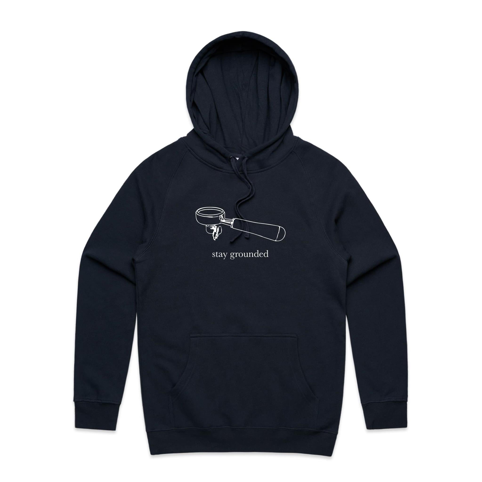 Stay Grounded, Coffee Portafilter - Mens Hoodie Navy Mens Hoodie Coffee Printed In Australia
