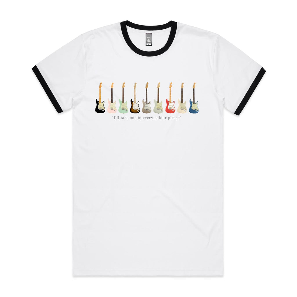 Guitars In Every Colour - Staple Ringer Tee White Black Ringer T-Shirt Music Printed In Australia