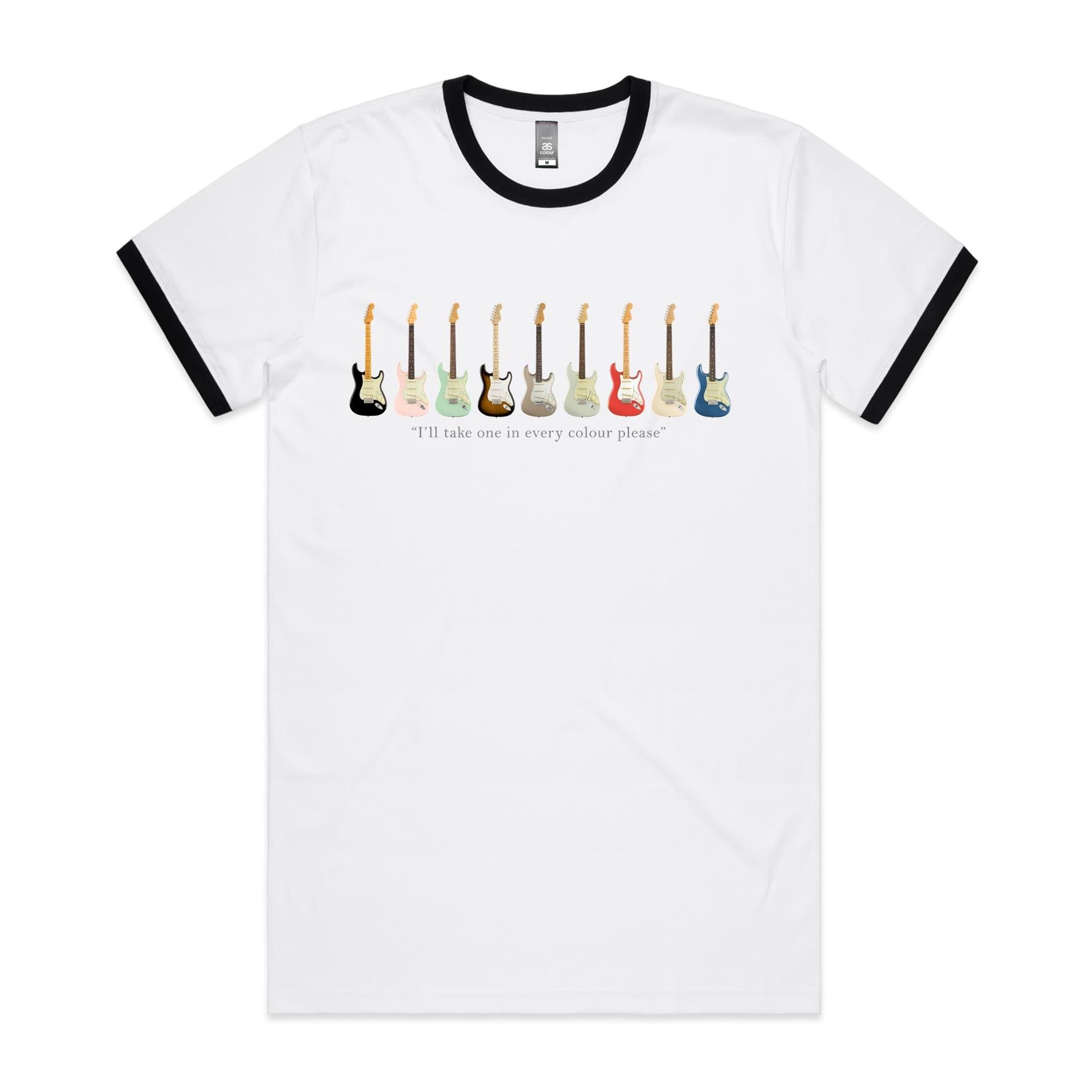 Guitars In Every Colour - Staple Ringer Tee White Black Ringer T-Shirt Music Printed In Australia