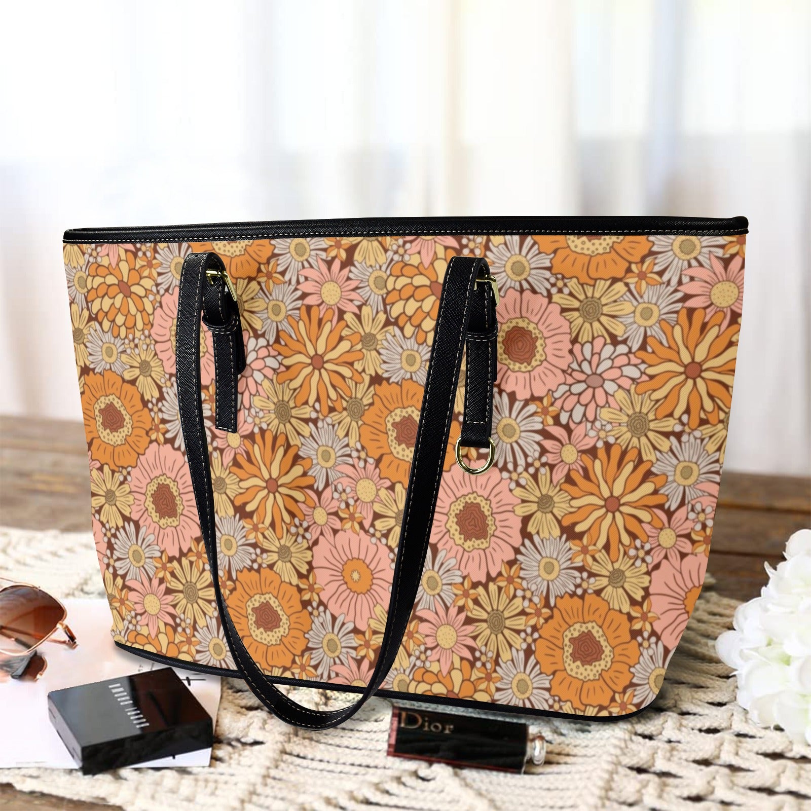 Orange Retro Floral PU Leather Tote Bag Large