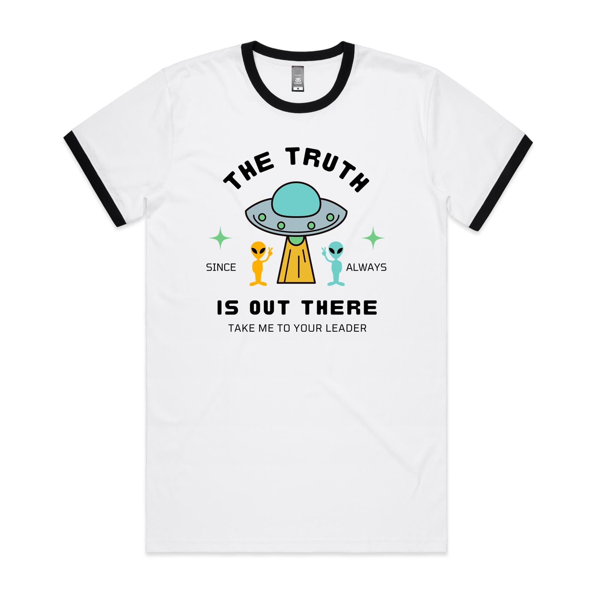 The Truth Is Out There, Alien, UFO - Staple Ringer Tee White Black Ringer T-Shirt Printed In Australia Sci Fi