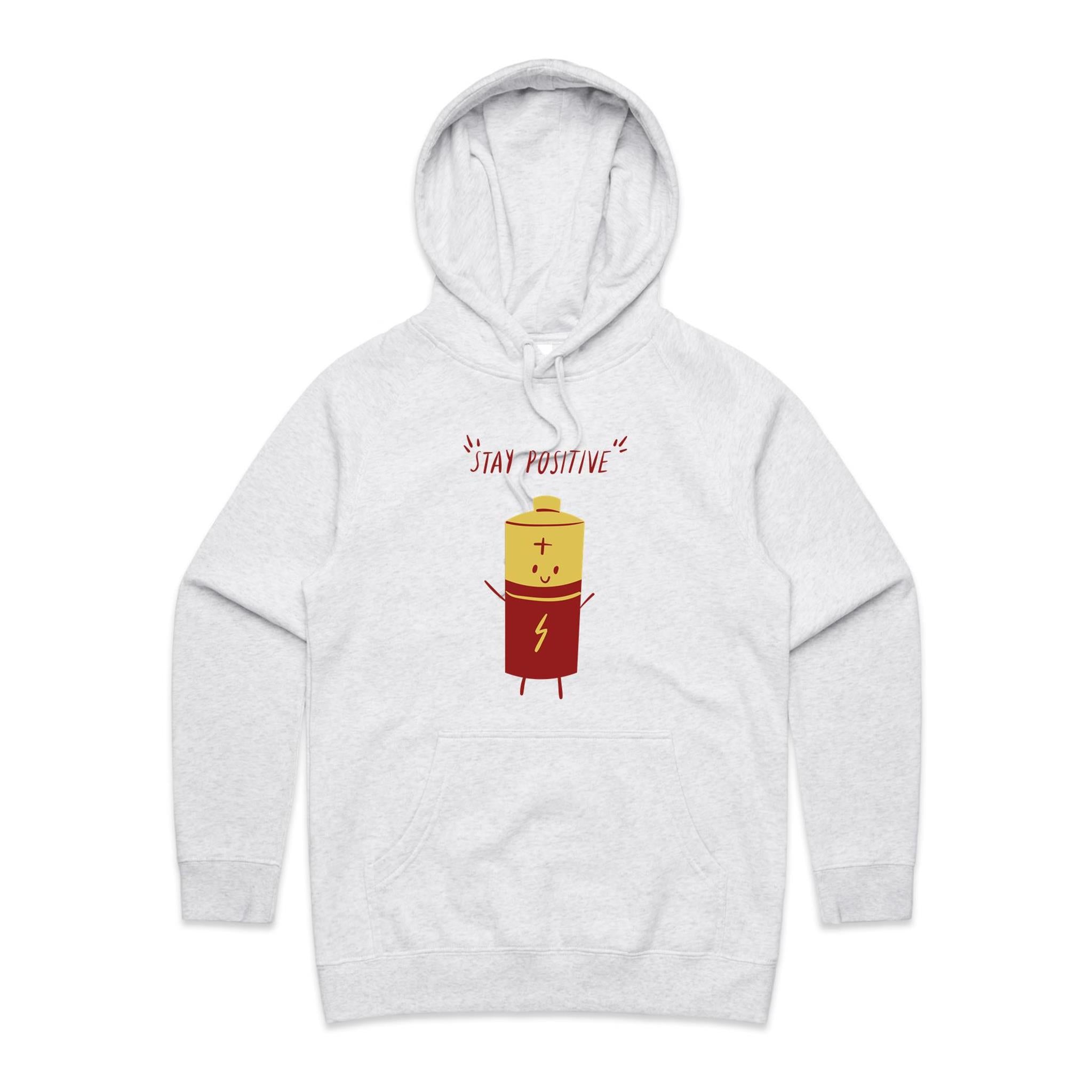 Stay Positive, Battery - Womens Hoodie White Marle Womens Hoodie Positivity Printed In Australia