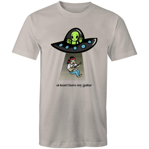 Alien Abduction, At Least I Have My Guitar - Mens T-Shirt Light Grey Mens T-shirt Music Printed In Australia Sci Fi