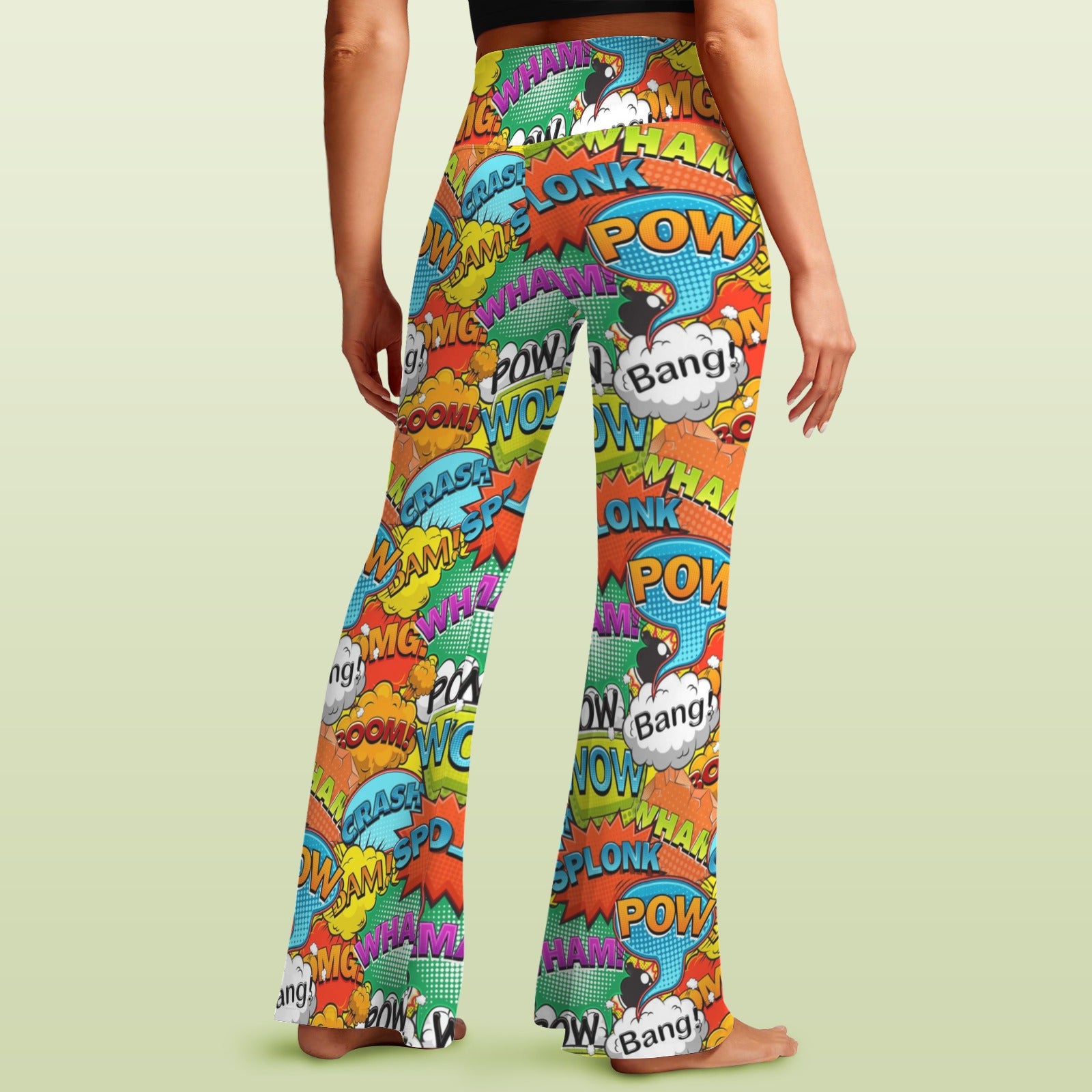 Comic Book 2 High Waist Crossover Tummy Control Flare Leggings High Waist Flare Leggings comic Printed Offshore