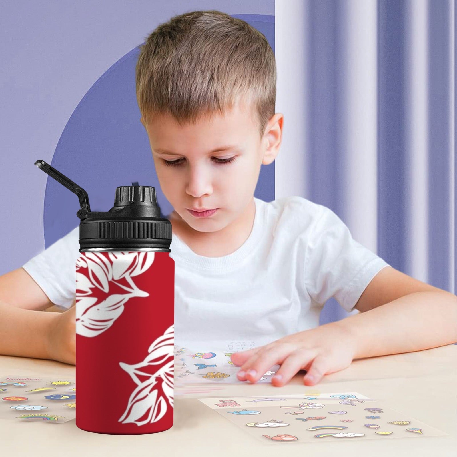 Red Retro Foliage, Hawaiian Flower - Kids Water Bottle with Chug Lid (12 oz) Kids Water Bottle with Chug Lid Printed Offshore Retro Surf