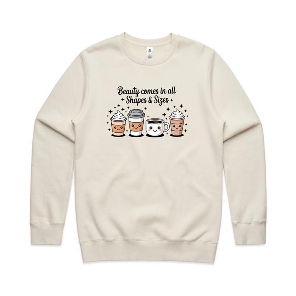 Coffee Beauty, All Shapes And Sizes AS Colour Stencil Crew Sweatshirt Unisex Ecru Sweatshirt Coffee Positivity Printed In Australia