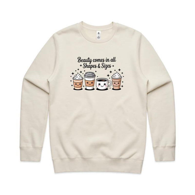 Coffee Beauty, All Shapes And Sizes - AS Colour Stencil Crew Sweatshirt Ecru Sweatshirt Coffee Positivity Printed In Australia