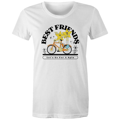 Best Friends, Riding A Bike - Womens T-shirt White Womens T-shirt Printed In Australia Retro