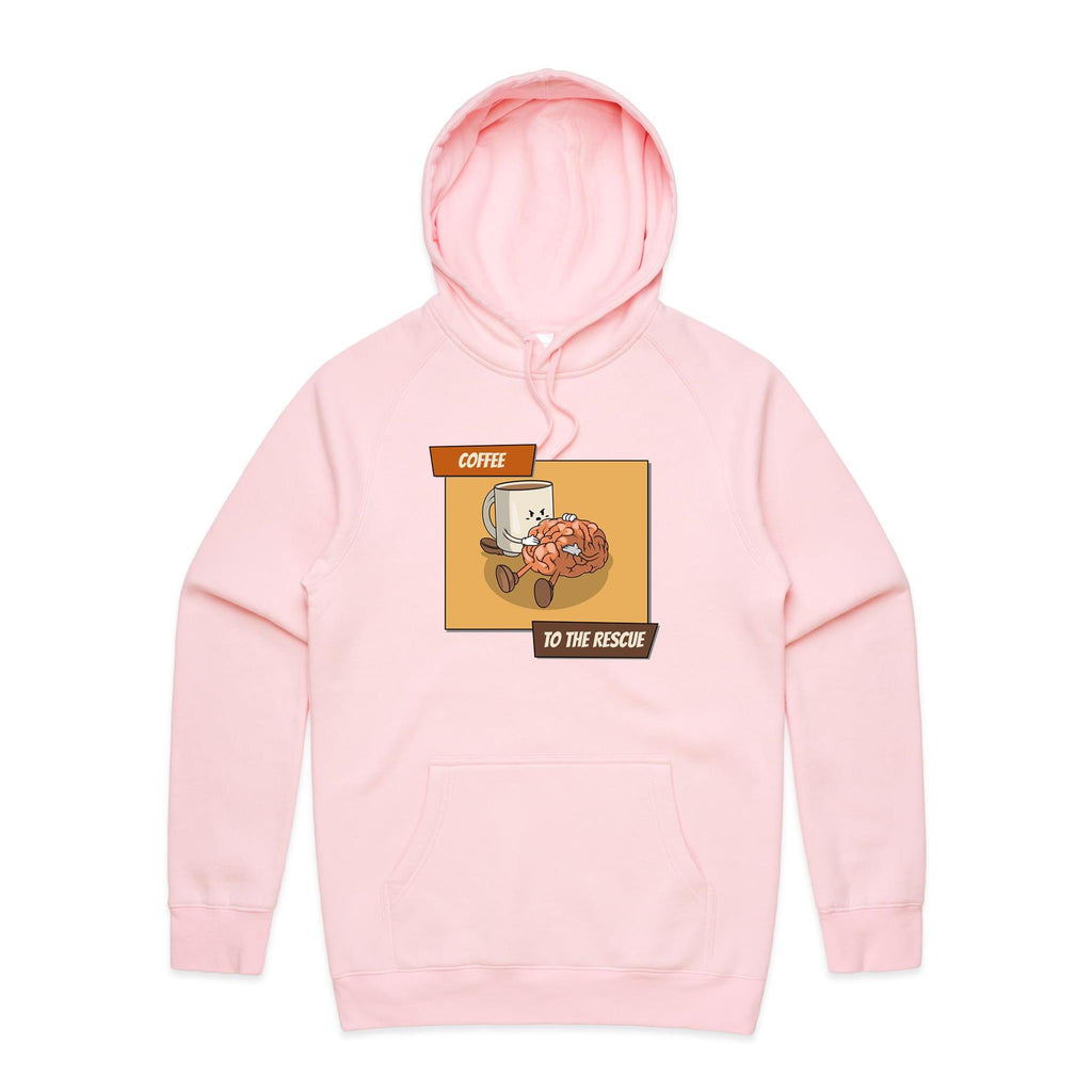 Coffee To The Rescue - Mens Hoodie Pink Mens Hoodie Coffee Printed In Australia