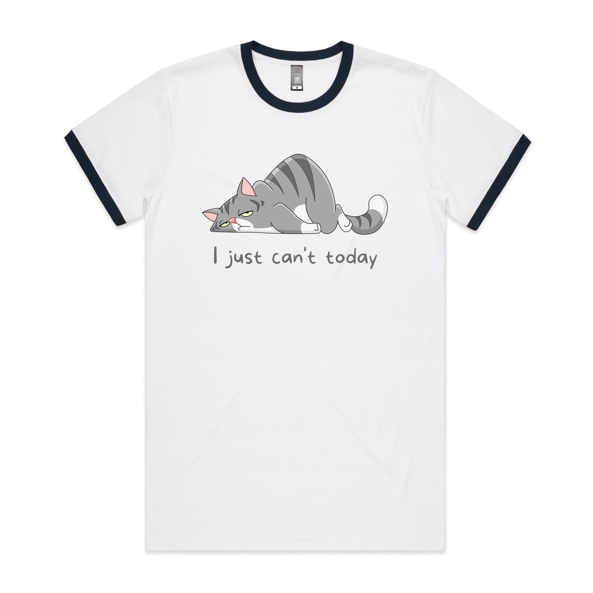 Cat, I Just Can't Today - Staple Ringer Tee White Navy Ringer T-Shirt animal Printed In Australia