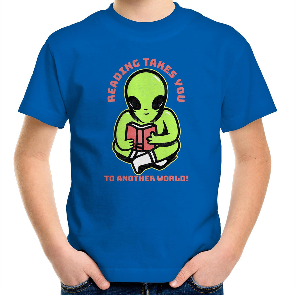 Reading Takes You To Another World, Alien - Kids Youth T-Shirt Bright Royal Kids Youth T-shirt Printed In Australia Reading Sci Fi
