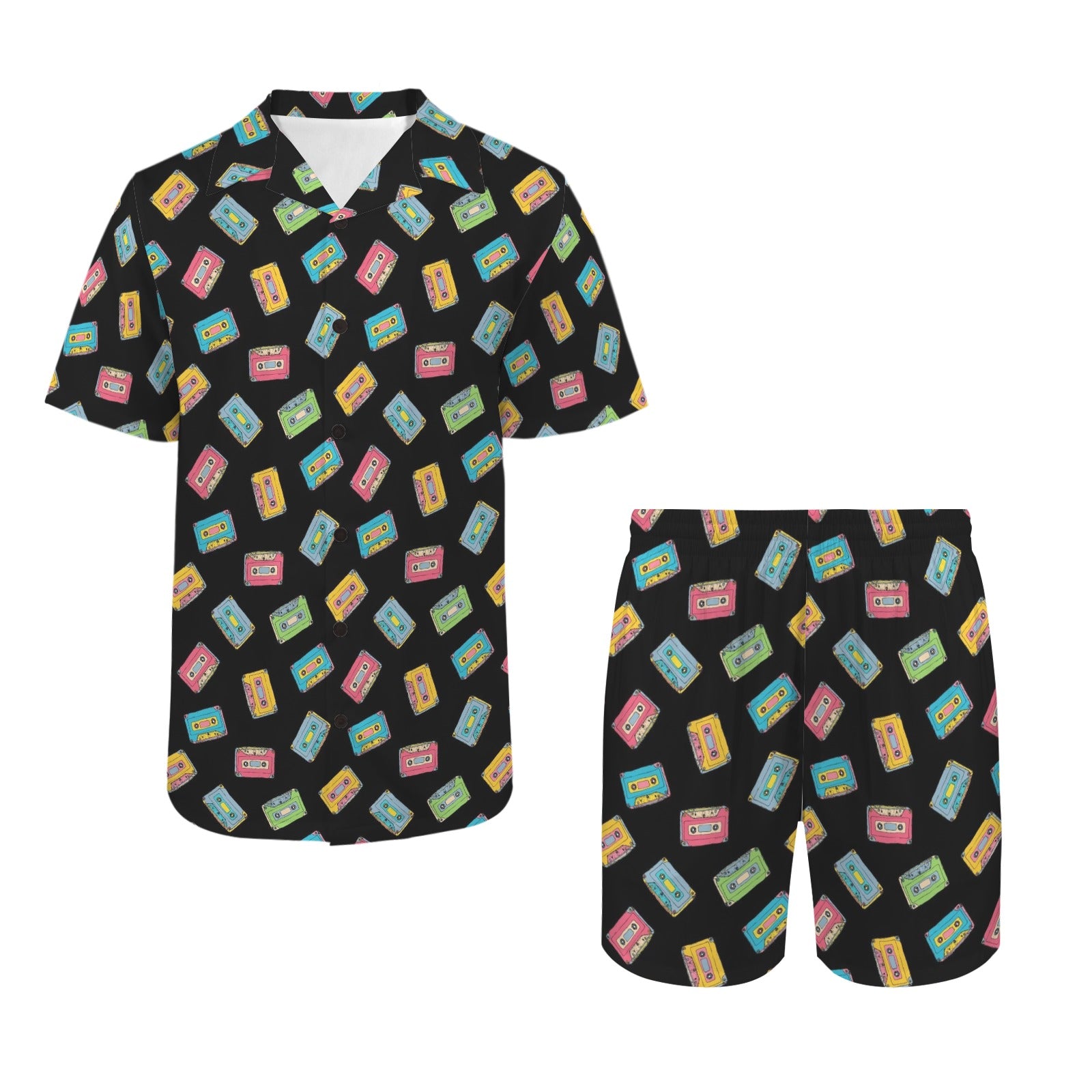 Colourful Cassettes Men's Hawaiian Shirt & Shorts Set Men's Hawaiian Shirt & Shorts Set Music Printed Offshore