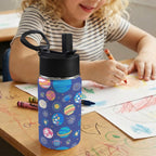 Planets On Blue 12oz Kids Water Bottle with Straw Lid