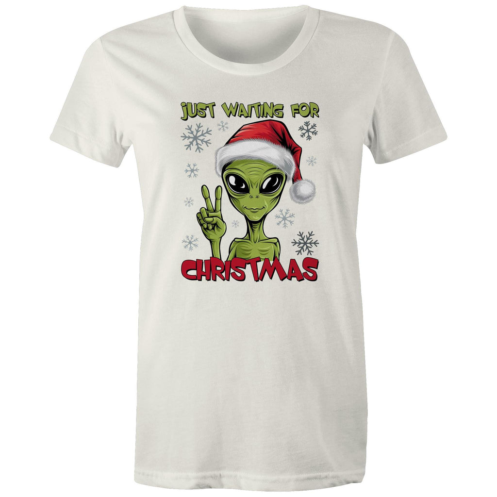Just Waiting For Christmas, Alien - Womens T-shirt Natural Womens Christmas T-shirt Christmas Printed In Australia