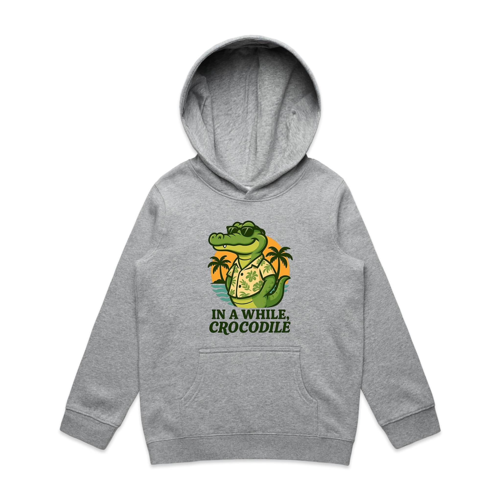 In A While, Crocodile - Kid's AS Colour Hoodie Grey Marle Kids Hoodie animal Printed In Australia