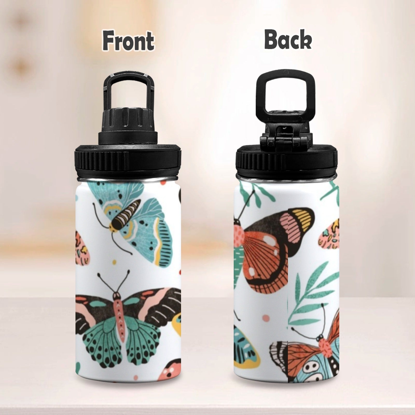 Pretty Moths And Butterflies Kids Water Bottle with Chug Lid (12 oz) Kids Water Bottle with Chug Lid animal Printed Offshore