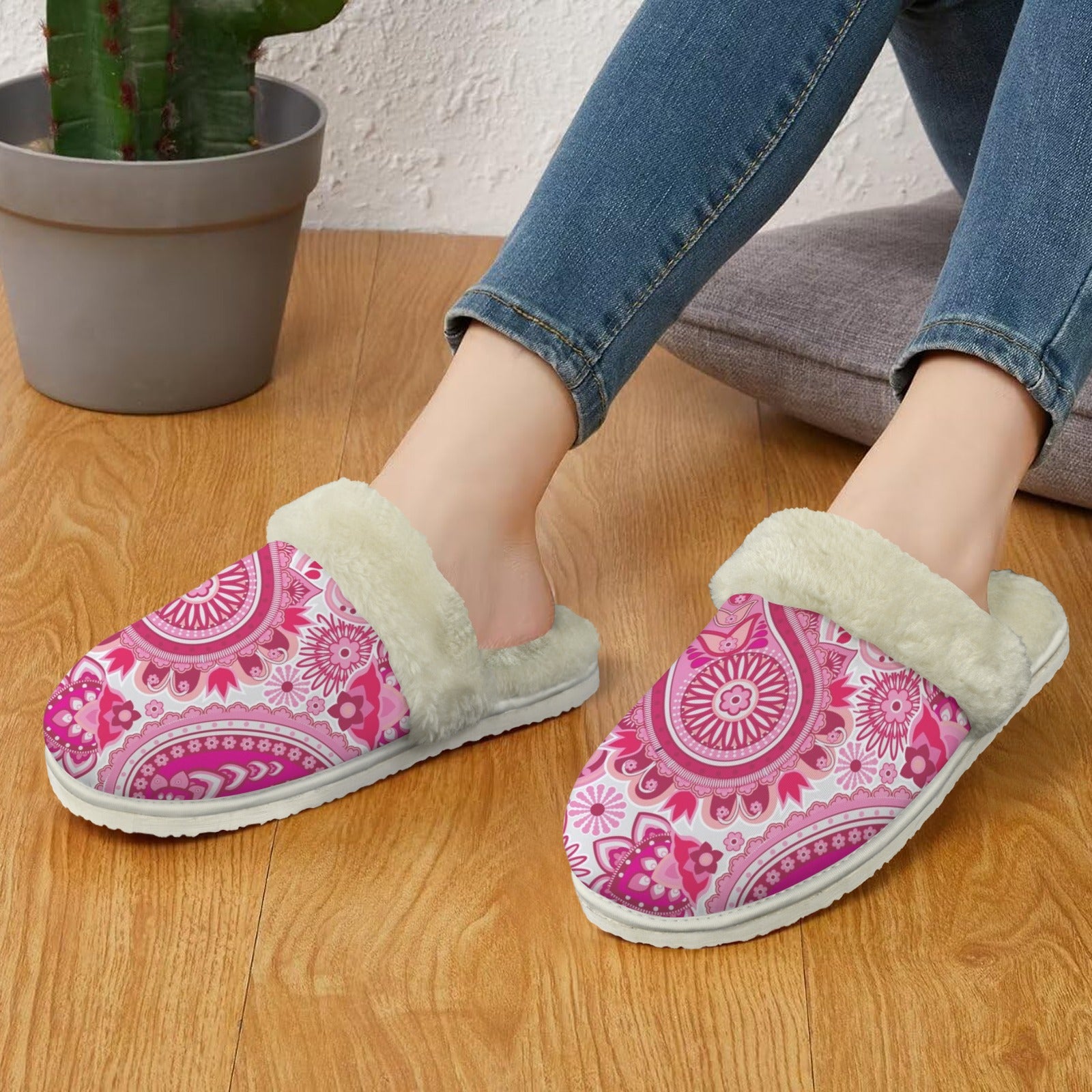 Pink Paisley Women's Fur Trim Thick-Sole Indoor Slippers Women's Fur Trimmed Slippers Printed Offshore