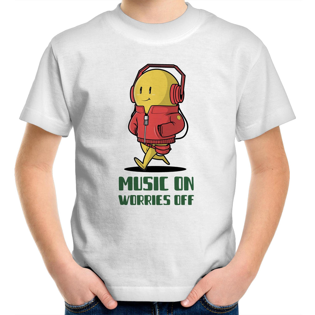 Music On, Worries Off, Headphones - Kids Youth T-Shirt White Kids Youth T-shirt Music Printed In Australia