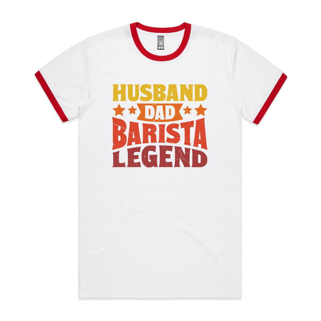 Husband, Dad, Barista, Legend Men's AS Colour Ringer Tee White Red Ringer T-Shirt Coffee Dad Printed In Australia