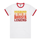 Husband, Dad, Barista, Legend Men's AS Colour Ringer Tee White Red Ringer T-Shirt Coffee Dad Printed In Australia