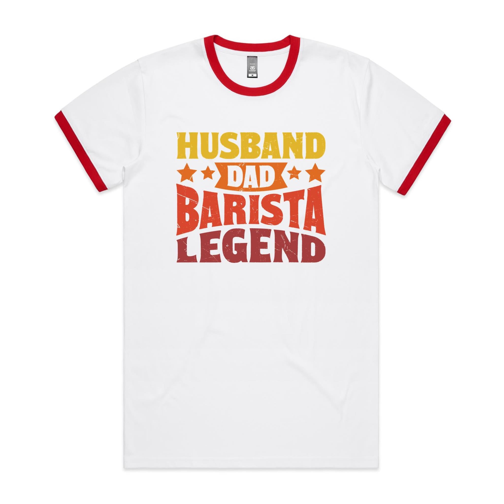 Husband, Dad, Barista, Legend Men's AS Colour Ringer Tee White Red Ringer T-Shirt Coffee Dad Printed In Australia