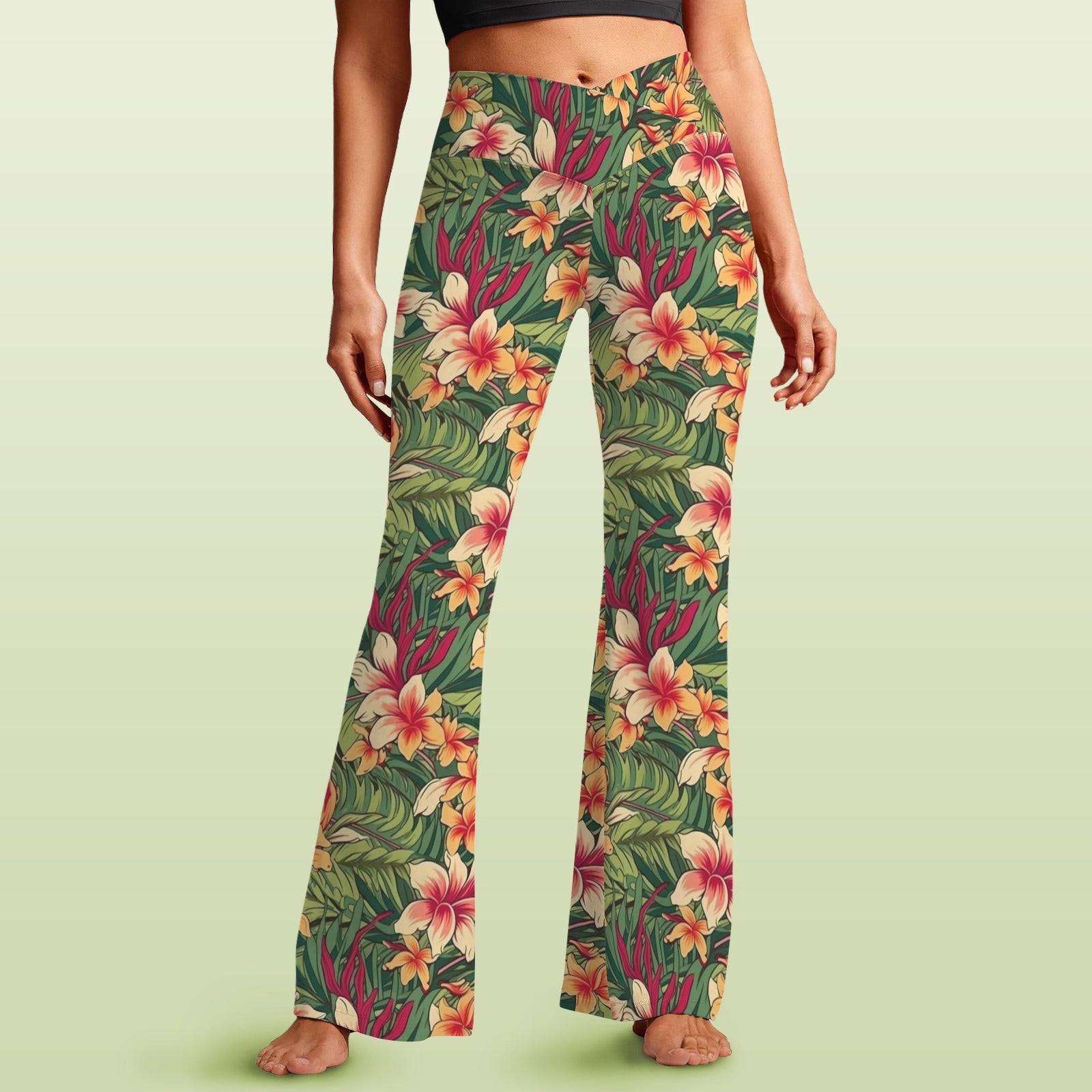 Vintage Hawaiian Floral - High Waist Crossover Tummy Control Flare Leggings