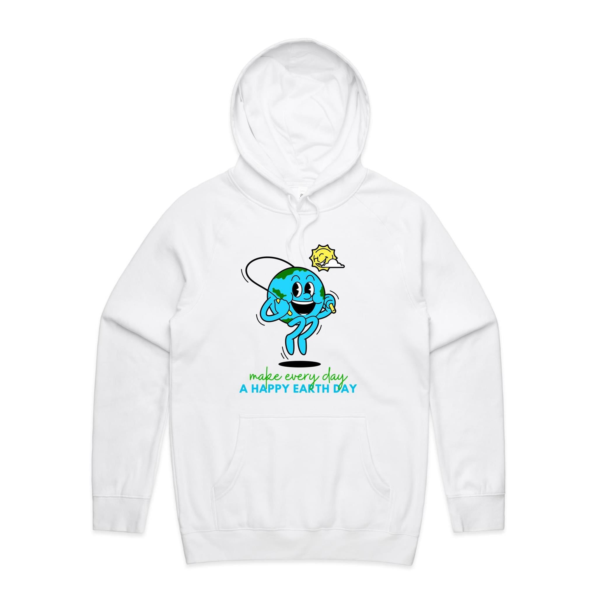 Make Every Day A Happy Earth Day - Mens Hoodie White Mens Hoodie Environment Printed In Australia